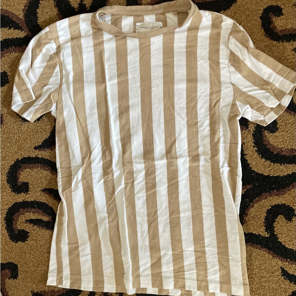 🍂Denim & Flower Tan and White Striped Tee